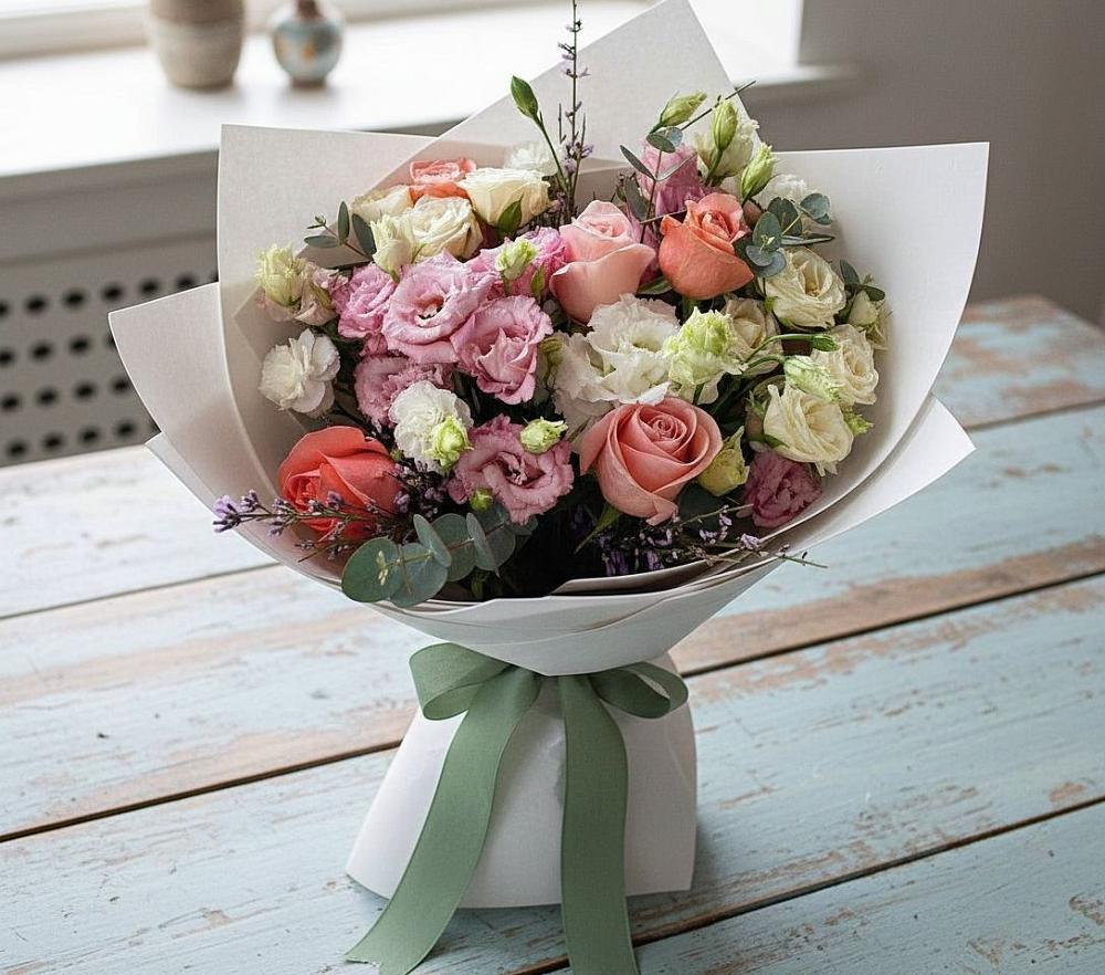 Букет цветов из: Розы, Лизиантусы и Гвоздики в Калуге